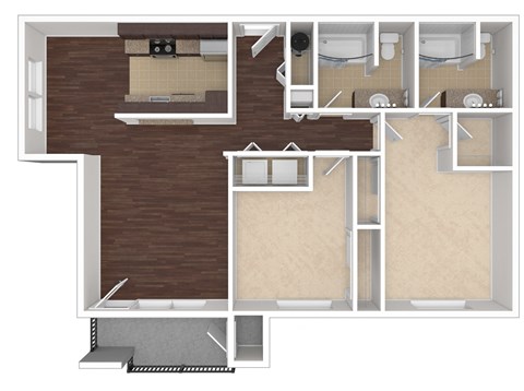 Floor plan for 2 beds, 2 baths, 975 sqft